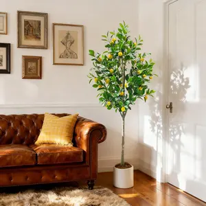 OUTGOODS Realistic 6FT Artificial Lemon Tree with White Pot – Lifelike Faux Citrus Plant – Indoor Outdoor Decorative Floor Tree – Perfect for Home, Office, Living Room, Wedding, Events