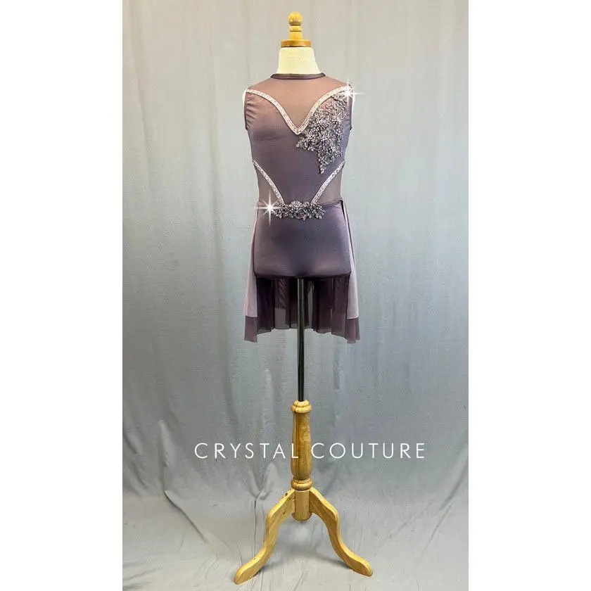 Custom Dusty Purple Biketard with Mesh Inserts and Layered Back Skirt - Rhinestones