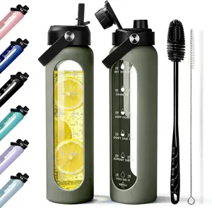 32oz Glass Water Bottle with Straw & Spout Lids, 1L Borosilicate Motivational Bottle with Time Marker, Silicone Sleeve, Leakproof Reusable Drinking Bottle for Fitness & Daily Use