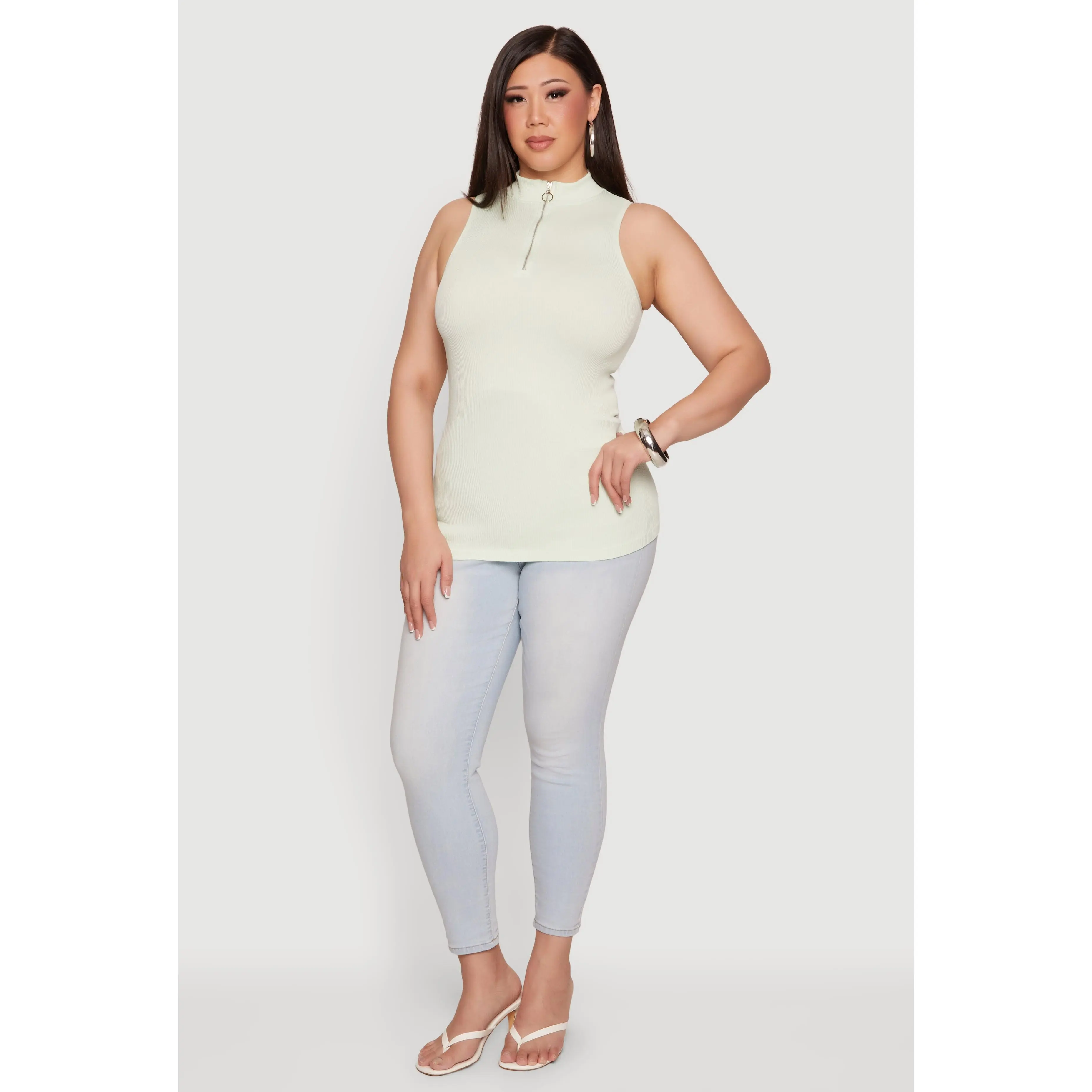 Plus Size Compression Rib Quarter Zip Sleeveless Top