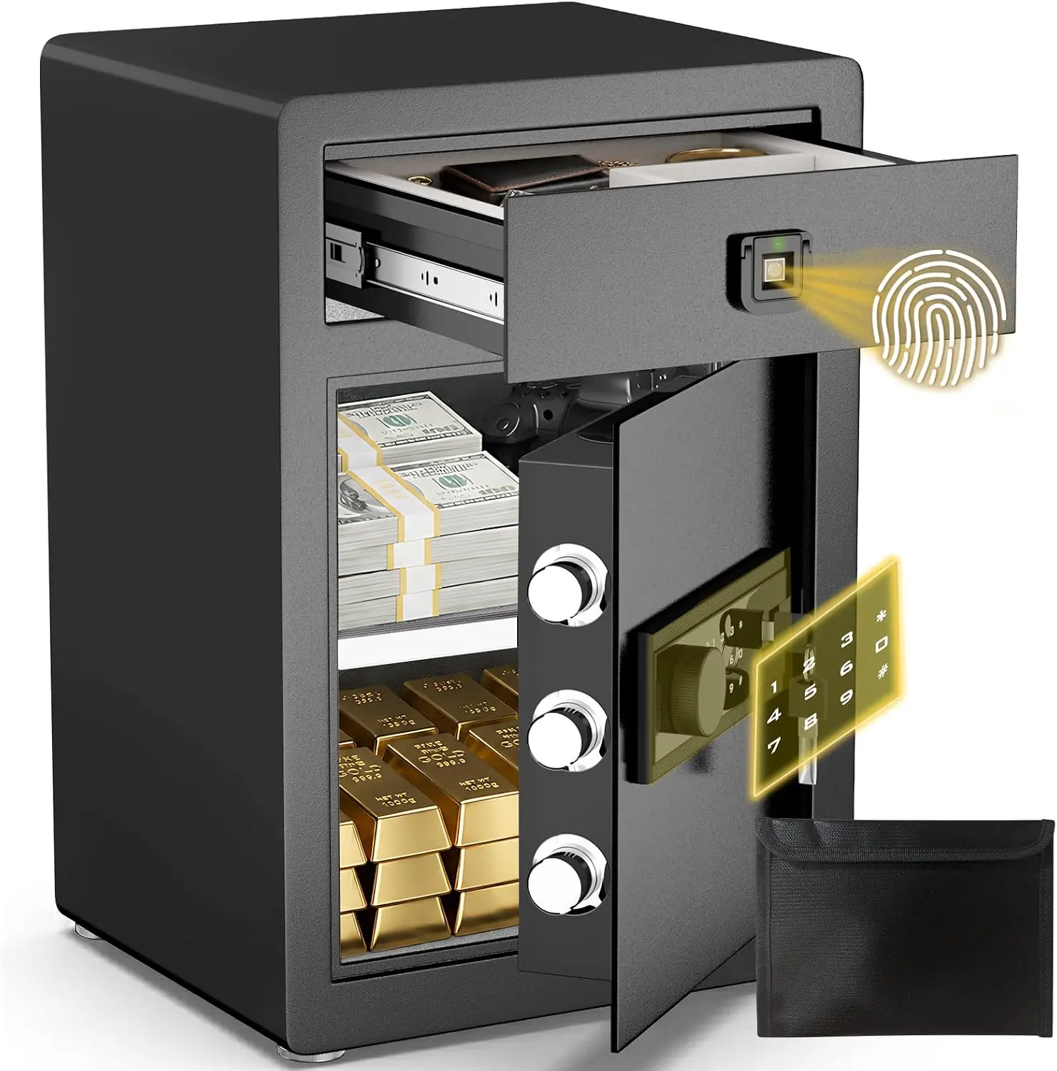 kavey 2.5 Cub Safe Box, Large Safe with Drawer & Fingerprint Lock, Security Steel Home Safe with Door Organizer & Adjustable Shelf, Digital Safe for Home Office
