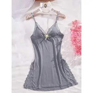 Women's Solid Lace Nightdress, Lace Panels, Skirt Side Slits, Sexy Lace Home Nightdress  Summer Lace Patchwork Sexy Slip Mini Dress Women Sleepwear Side Slit Contrast Ruffle Hem Night Dress Nightgowns Pajamas