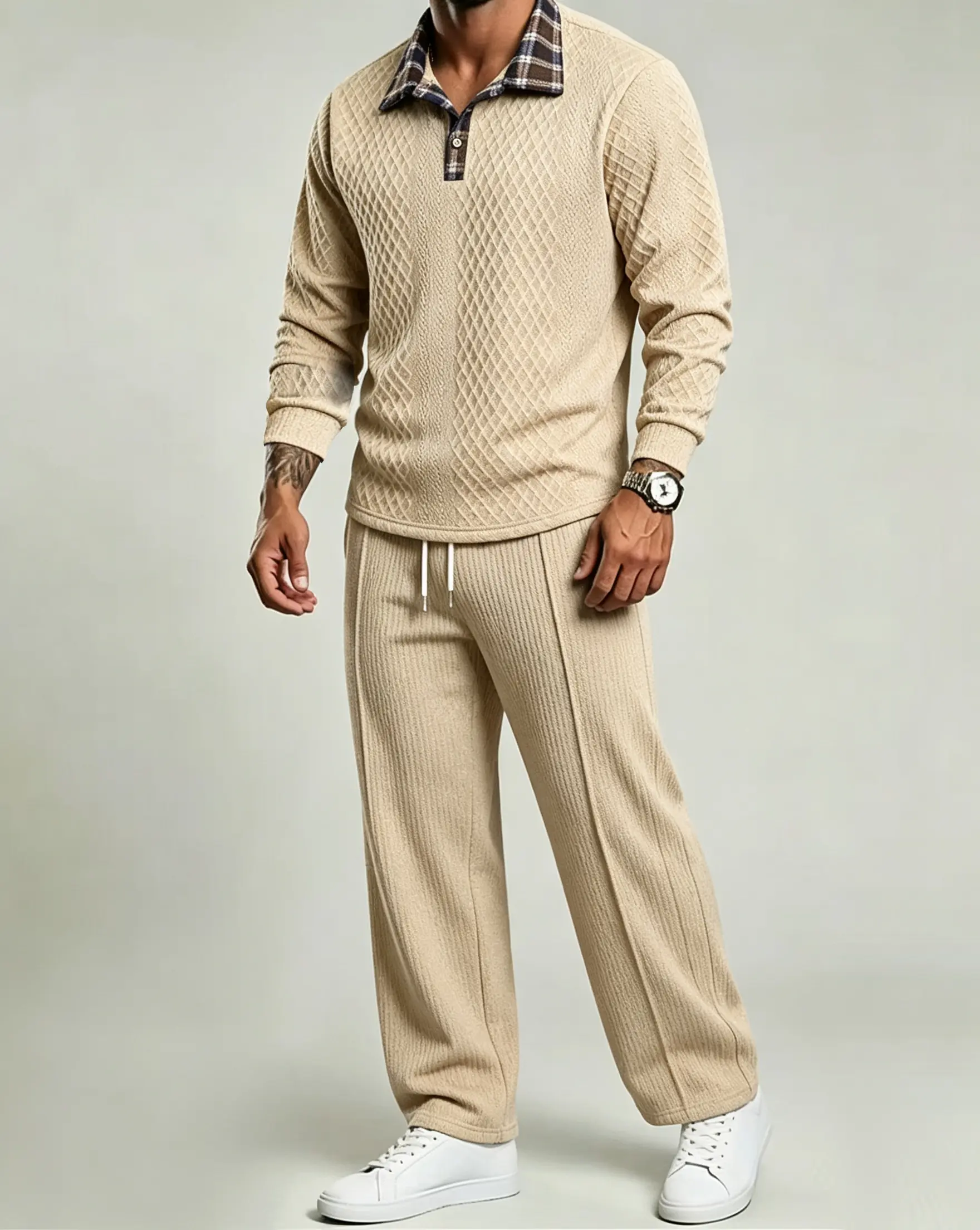 Men's Loose-Fit 2-Piece Tracksuit, Textured Waffle Knit Long Sleeve Polo & Elastic Waist Pants for Casual Wear & Gym Workouts, Sporty Chic, 2-Piece Set, Polyester, Panel Stitch, Diamond Weave, Daily, Breathable, Comfortable Tracksuit, 2Xl, Panel Stitching