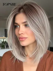 Topshe Short Bobo Head Wig, 12 Inch Gradient Top Lace Area, Medium Part No Bangs Straight Synthetic Hair, Fashionable  Costume Wig, Bob Cut Wig, Synthetic Wigs