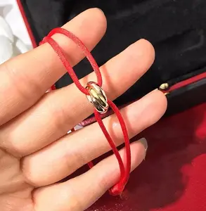 Trinity Red String Knot Bracelet, Red Satin Cord with Gold and Silver Tone Accents, Designer Red Unisex Bracelet, Luxury Gift Holidays