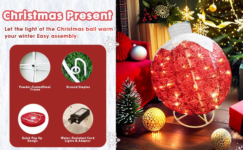 Christmas Outdoor Decoration, Christmas Ball lights, 3-Piece Pop-Up Christmas Ball Set with 184 LED Lights, Pre-Lit Iridescent, 3D Glittered Standing Holiday Display for Outdoor Ornaments