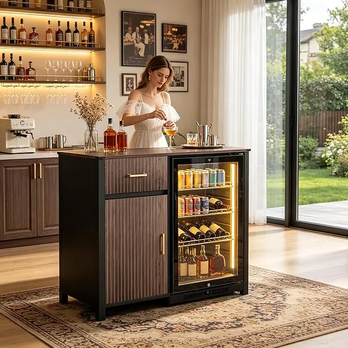 Bar Cabinet with Fridge Space, Mini Fridge Cabinet with Storage and Adjustable Shelves Fits 20" Fridge, Modern Bar Cabinets for Home Kitchen Dining Room, 39.4" L X 20.9" W