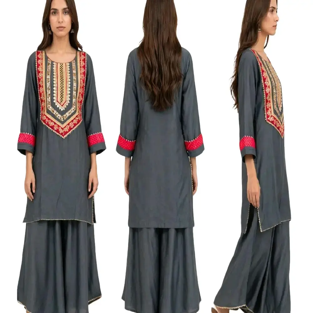Women's 2-Piece Pakistani Outfit, Printed Short Kurta with Plazzo Pants, Chic and Comfortable Casual Style Clothes, Suit, Women's Clothes, Crew Neck, Relaxed Fit, Basic, Ethnic, Loose, Trouser, Set, Cotton/Acrylic, Long Sleeve, Fashion