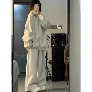 Women'S Hoodie and Sweatpants Set - Spring/Autumn Collection, Korean Style, Loose Fit, Two-Piece Suit with "H", "K", and "A" Embroidery, Cute Letter Print, Polyester Fabric, Outfit|Casual Style|Polyester Set Womenswear Clothes Gra