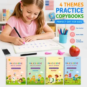 4 Pcs Reusable Grooved Handwriting Practice Books Magic Copybook with Disappearing Ink Pens Pencil Grips for Kids Age 3-8 Preschool Learning Activities