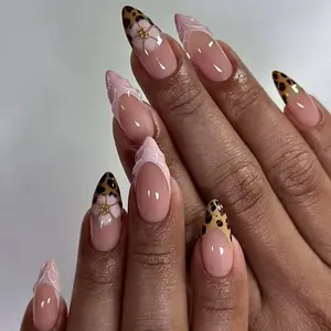 SHEDARES Rosé Leopard – Handmade Nude Almond Press-On Nails with 3D Pink Petals & Leopard French Tips – Chic, Bold & Feminine