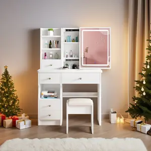Vanity Desk with Mirror and LED Lights, Makeup Vanity Table Set with Drawers and Chair, Dressing Table With storage shelves and 5 Sliding Drawers, White