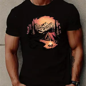 100% Premium Cotton T-shirt Mountains And Rivers Creative Print Casual Novelty T-Shirt For Men, Short Sleeve Summer& Spring Top, Comfort Fit, Stylish Streetwear Crew Neck Tee For Daily Wear