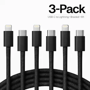 3-Pack 6ft USB-C to Lightning Braided Fast Charging Cable for iPhone 14/13/12/11/XR/XS Max/8/7/6/5 iPad & AirPods