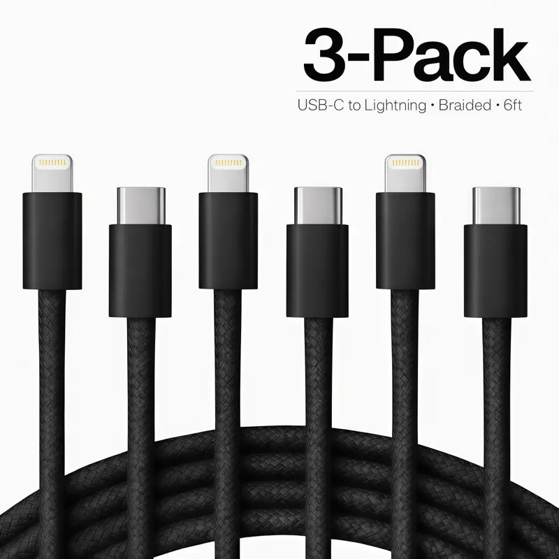 3-Pack 6ft USB-C to Lightning Braided Fast Charging Cable for iPhone 14/13/12/11/XR/XS Max/8/7/6/5 iPad & AirPods