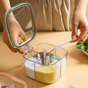 Compartment Condiment Pots Set, Transparent Seasoning Box with Lids and Spoons, Convenient and Neat Storage Solution for Your Kitchen, Set with Lid, Cover & Serving Spoons, Plastic Kitchen Condiment Jars to Store Salt, Pepper, Powder