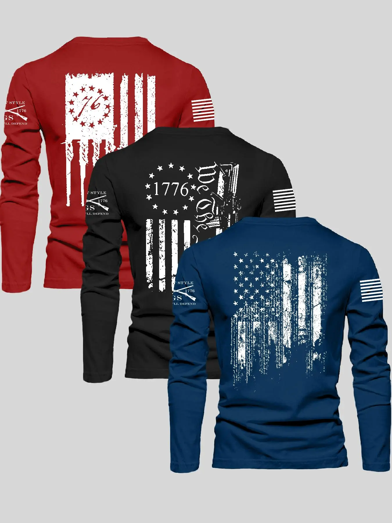 Men's Classic Casual Street Style Streetwear Crew Neck Fitted Long Sleeve T-Shirt, Flag Series Graphic Print Design, Soft Breathable Fabric, All Seasons Wear, Custom Graphic Tee