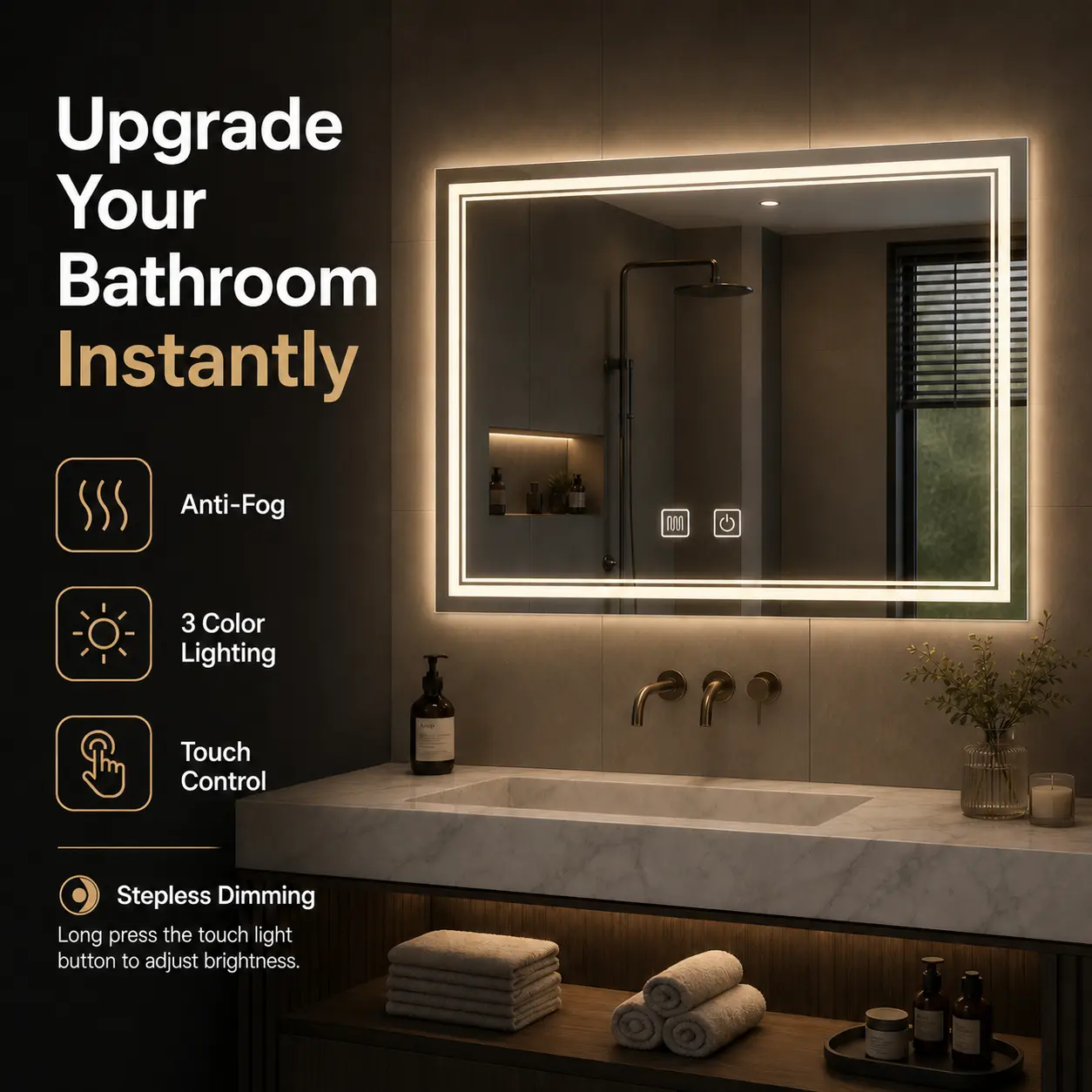 Smart LED Bathroom Mirror - Anti-Fog Wall-Mounted Vanity Mirror with Touch Control, Stepless Dimming, 3 Color Lights for Bathroom Upgrade homedecor
