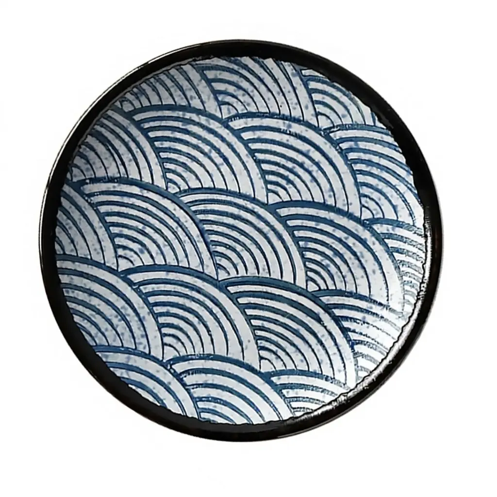 18cm Japanese-Style Ceramic Display Plate, Blue Seigaiha Wave Pattern Shallow Round Dish, Oven-Safe, Tea Set Accent, Desktop Decor