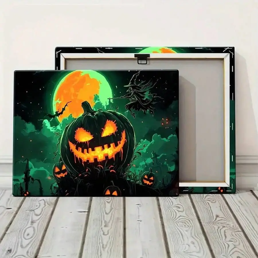 2D Flat, Halloween Pumpkin Head Wall Art - Framed Wrapped Canvas Poster With Glowing Eyes, Bats & Full Moon - Vibrant Spooky Decor For Living Room, Bedroom, Kitchen - Premium Canvas Print, Halloween Home Decor, Seasonal Decoration, Eerie Artwork, Highdefi
