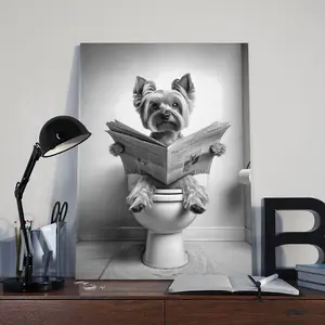 Whimsical Yorkie Funny Yorkshire Terrier on Toilet Canvas Art Print 12x16 16x24 20x30 24x36 inch Classic Style Wall Hanging Poster with Wooden Frame for Bathroom Kitchen Dorm Decor Artistic Photo Ornaments