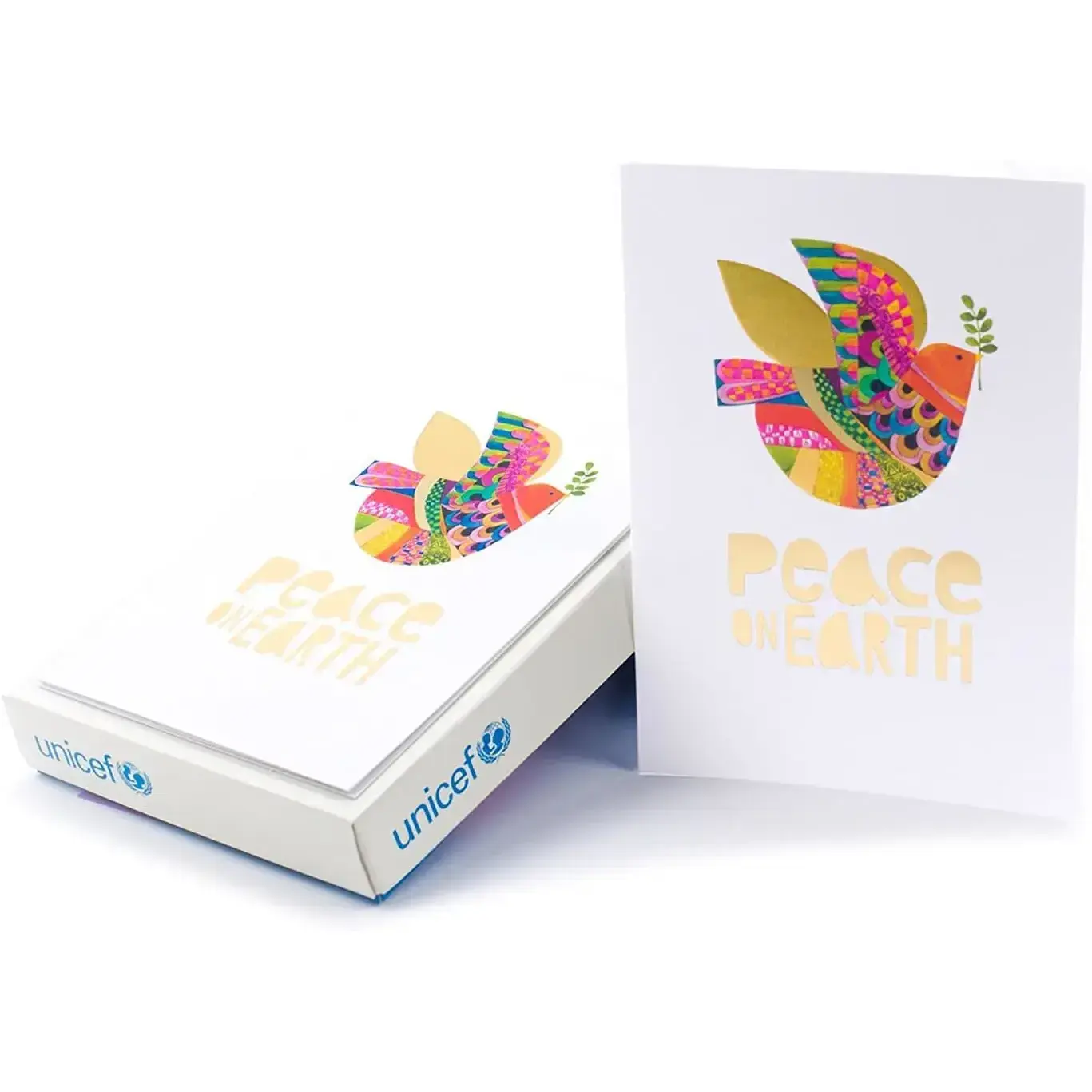 UNICEF Boxed Christmas Cards - Peace On Earth Dove Design, Colorful Print, Embossed Gold Foil, 12 Cards, 13 Envelopes for Friends/Family Wishes Sent (1XPX2022)