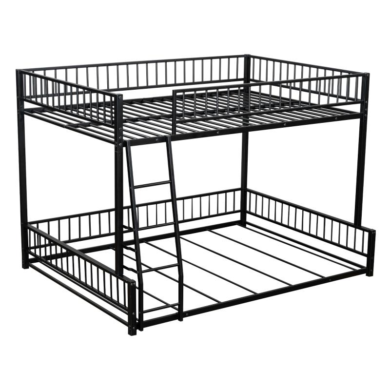 Modern Full XL Over Queen Bunk Bed Frame, Metal Floor Bunk Bed Frame with Ladder & Guardrails, No Spring Box Needed, That Can Separate, Black