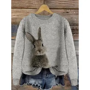 [Fashion Sweater] Comfortable light blue and white women's casual rabbit print color block round neck pullover | Medium elasticity, loose fit, high-quality stitching, fashionable wear, seasonal clothing women's hooded sweatshirt