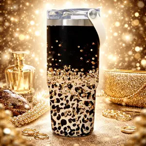 1 PC, 30oz, 6 colors, Insulated Leopard Print Tumbler Thermos Cup, Iridescent Glitter Design, with 2-in-1 Flip Lid & Straw, Leak-Proof, Keep Hot 12H / Cold 24H, Perfect for Home, Office, or On-the-Go, Stylish Gift for Women