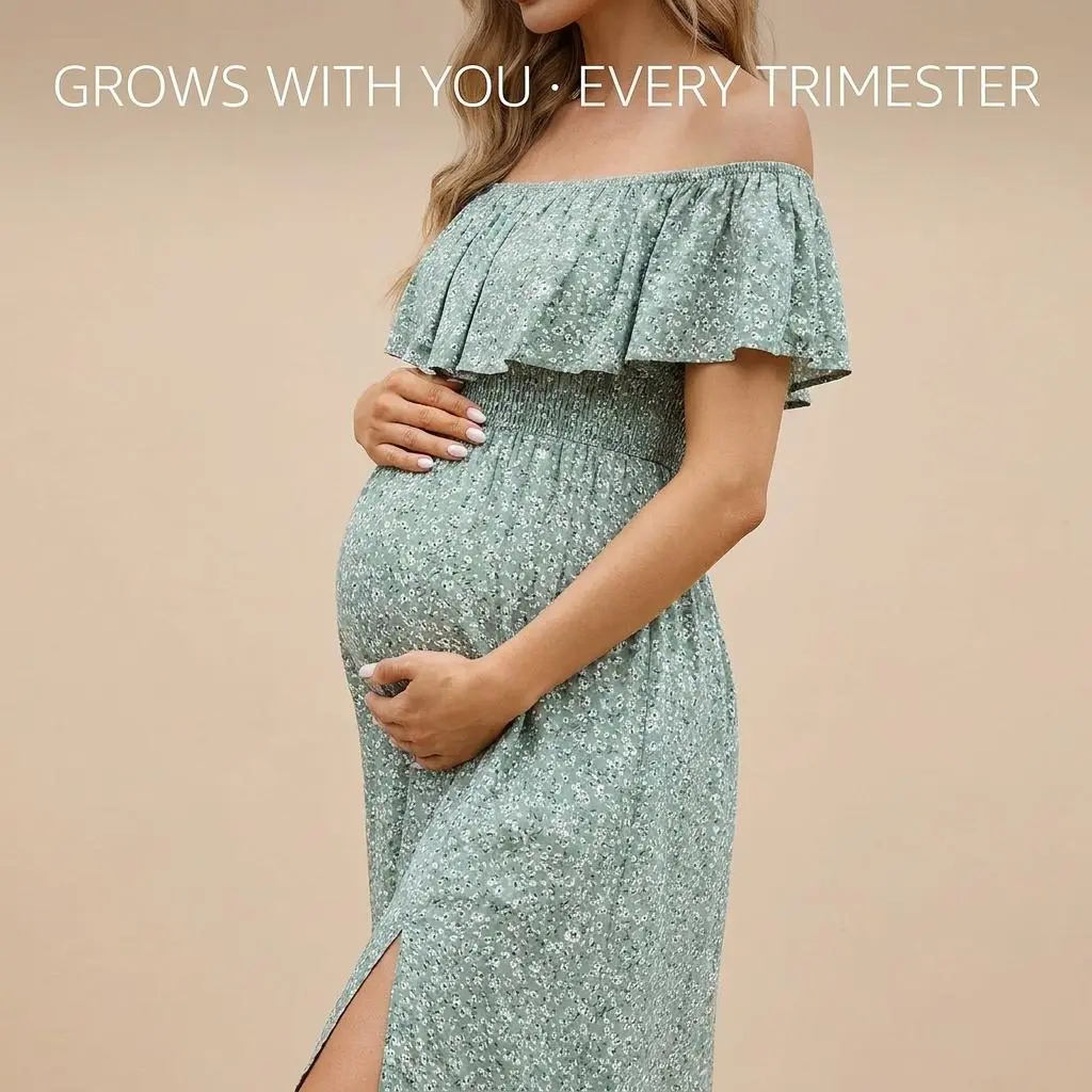 Limited-time clearance sale Yesfashion Women's Maternity Off-Shoulder Ruffle Split Maxi Dress - 100% Rayon Soft Flowy Loose-Fit Boho Summer Casual Dress for Beach Vacation, Party vacation wear elegant women vestido para verano shop my look
