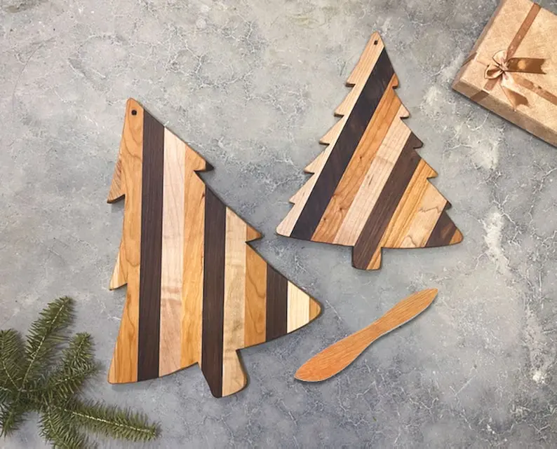 Multi Hardwood Pine Tree Shape Cutting Board, Christmas Tree Cutting Board Gift Set, Holiday Serving Board, Evergreen Tree Board, Woodland