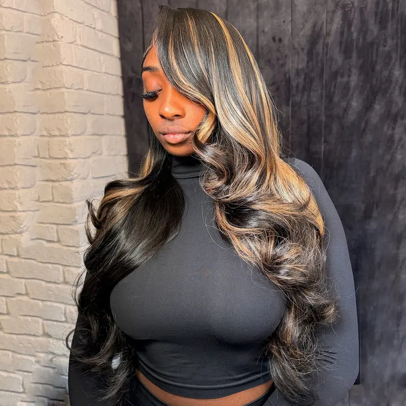 13x6 Lace Front Blonde Highlights with Natural Black Colored Body Wave Human Hair Wigs for Women 13x4 Highlights Wigs 180 Density