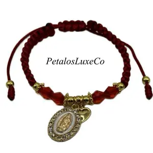 Red Macrame Bracelet with Gold Virgin Mary & Heart Charms – Handmade Religious Jewelry Faith Pendant
