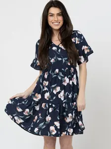 Nursing Dress Breastfeeding Bell Sleeve Dress Navy Floral for Nursing with Floral Print and Bell Sleeves