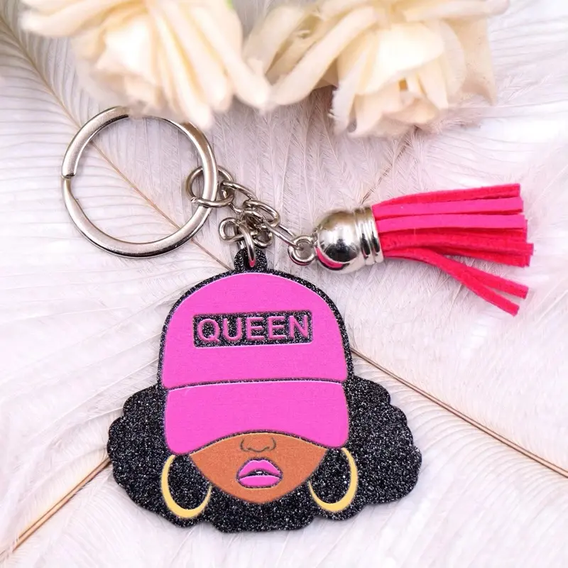 Queen Black Girl Keychain - Pink Hat with Black Hair, "QUEEN" Text, Keychain Accessory for College Students and Afro Girls