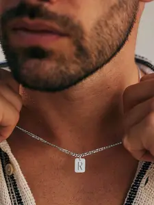 Silver Color Rectangular Initial Pendant Necklace, Casual Stainless Steel Cuban Chain, Personalized Initial Necklace, Men's Classic Jewelry, All Seasons Wear