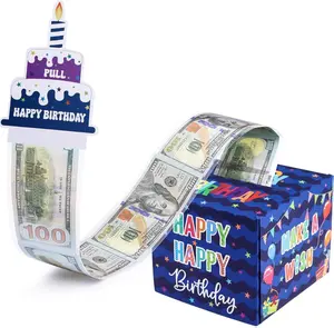 Birthday Money Box for Cash Gift Pull, Surprise Gift Boxes for Money, Money Holder Box with Pull Out Happy Birthday Card and 50Pcs Transparent Bags, Money Gift Ideas for Kids and Adults