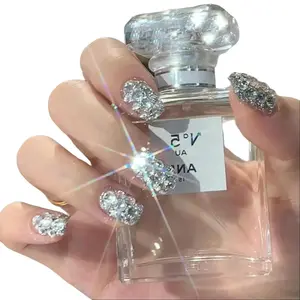 24Pcs Short Press on Nails Luxury Rhinestone Fake Nails Elegant Glue On Nails with Sparkly Nail Rhinestones Gem Design Silver Glitter Acrylic Nail