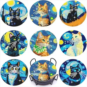 8-Piece Diamond Painted Coaster Set Cat Pattern (with Stand), DIY Diamond Art Craft Kit for Beginners, Home Decor Gift, Diamond Painting Kit