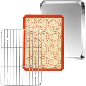 10.4 Inch Baking Oven Sheet Pan with Rack & Mat for Cookie, Stainless Steel Oven Sheet Tray Cooling Rack and Silicone Mat for Baking & Roasting, Dishwasher Safe & Healthy, 3Pcs