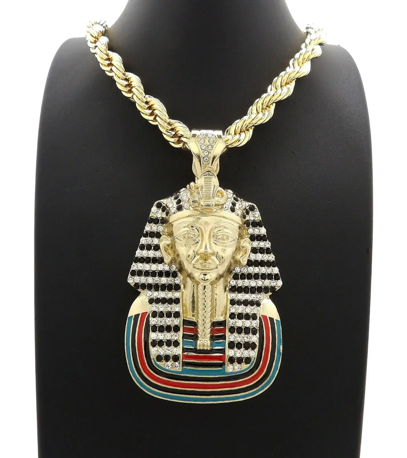 MaxBling81 Hip Hop Jewelry King Tut Pharaoh Iced Cubic Zirconia Pendant, 8mm 24 in Thick Rope Chain, 14k Gold Plated Necklace