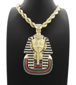 MaxBling81 Hip Hop Jewelry King Tut Pharaoh Iced Cubic Zirconia Pendant, 8mm 24 in Thick Rope Chain, 14k Gold Plated Necklace
