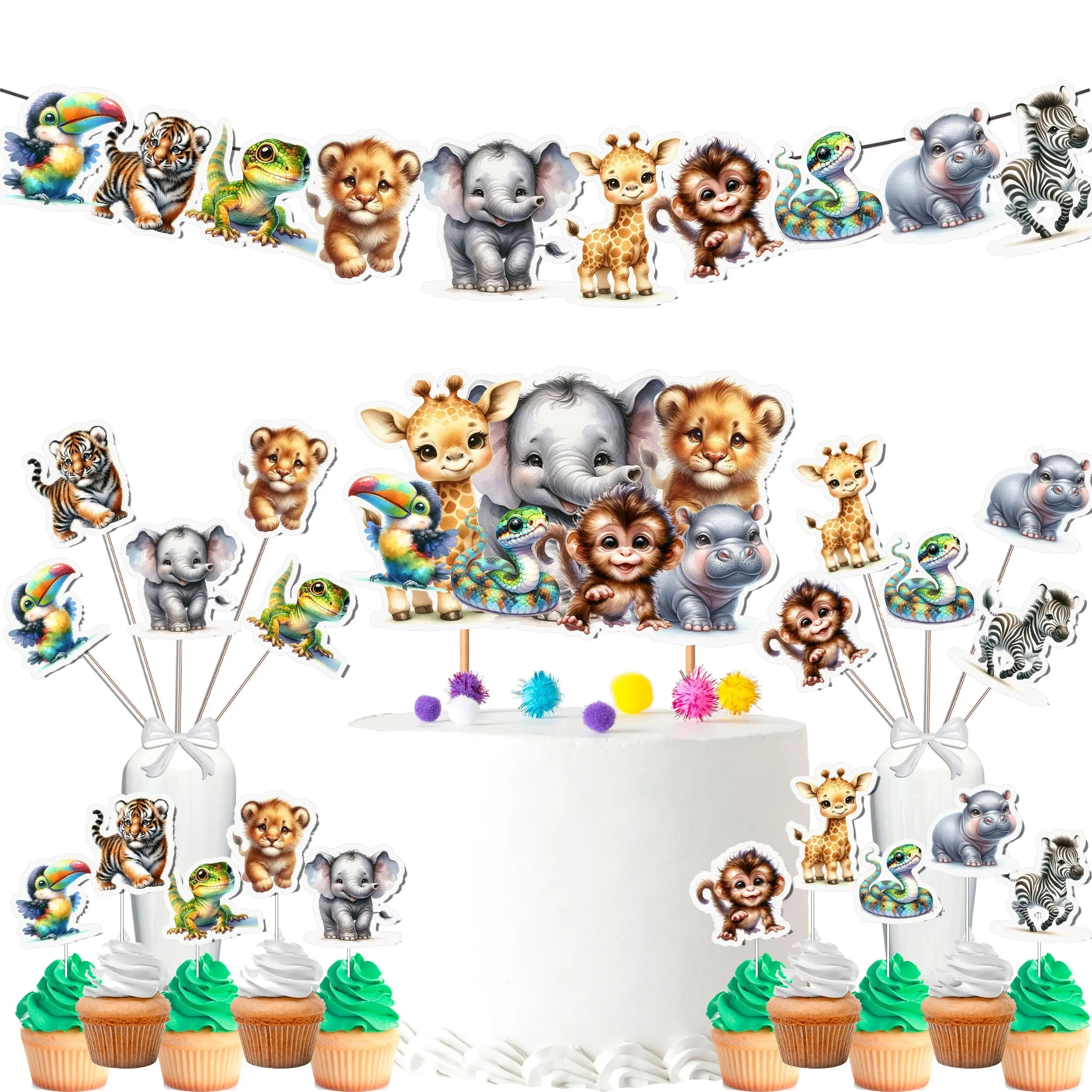 Wild Safari Animals Party Decor Set - Banner, Cake Topper, Cupcake Toppers & Centerpieces for Birthday & Baby Shower