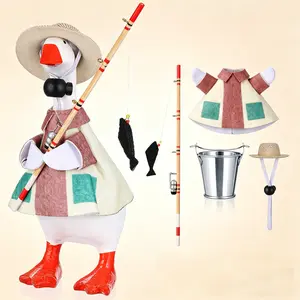 7" Desk Goose Fisherman Costume Set - Fishing Rod Bucket Hat & Outfit for Mini Magnetic Goose Statue | Home Office Table Decor (No Goose)