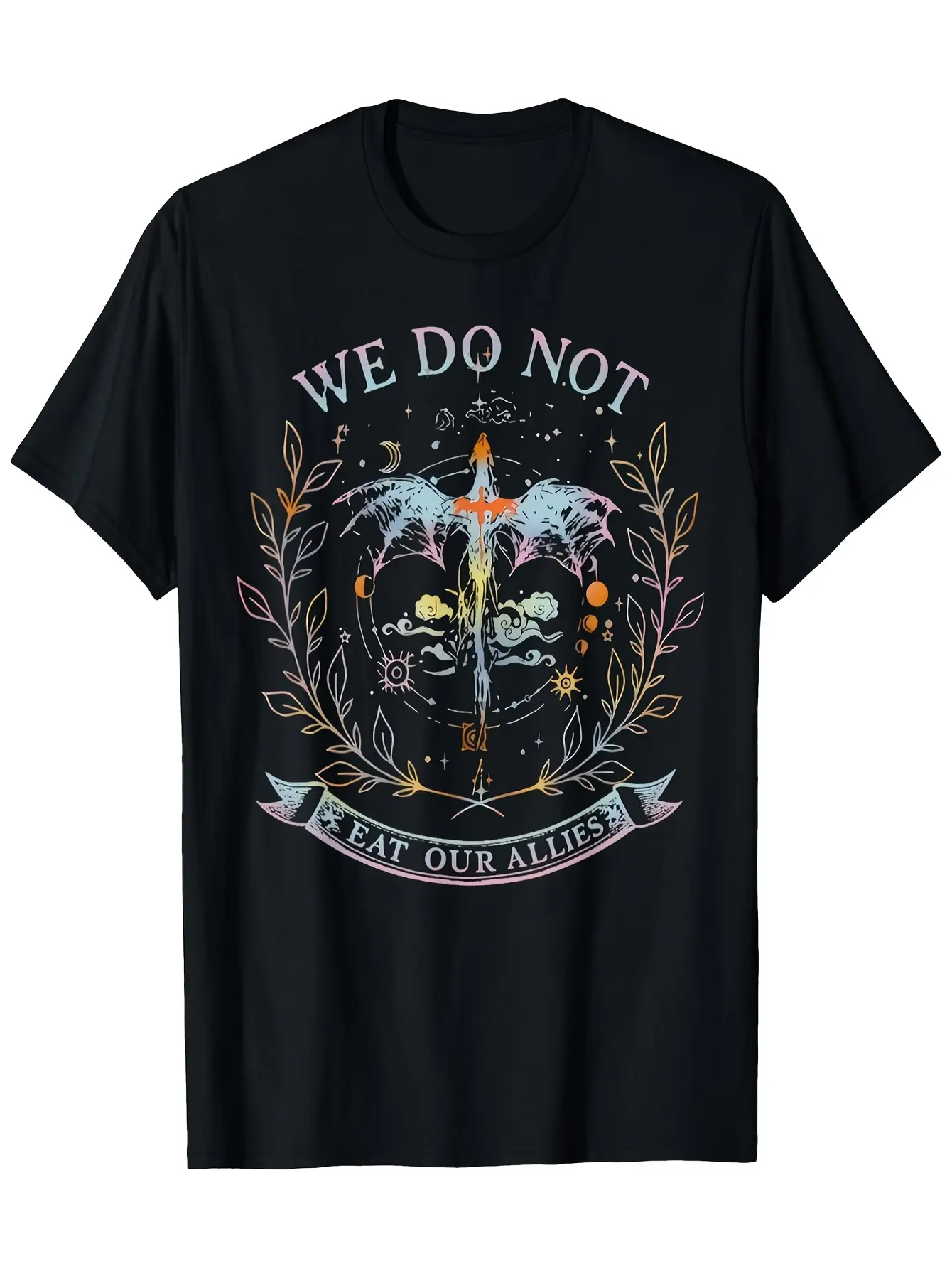 Dragon Rider 4th Wing "We Do Not Eat Our Allies" Graphic Tee - Fantasy Book T-Shirt with Dragon Rider Wand Design - Black Shirt with White & Pastel Accents - Soft Breathable Cotton Crewneck - Birthday Gift for Fantasy Fans - Unisex Regular Fit Casual Appa