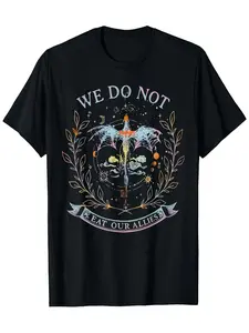 Dragon Rider 4th Wing "We Do Not Eat Our Allies" Graphic Tee - Fantasy Book T-Shirt with Dragon Rider Wand Design - Black Shirt with White & Pastel Accents - Soft Breathable Cotton Crewneck - Birthday Gift for Fantasy Fans - Unisex Regular Fit Casual Appa