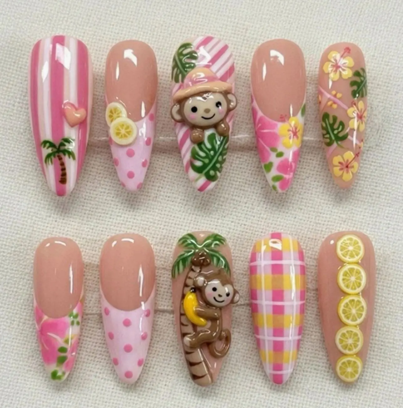 Tropical Monkey Press On Nails | Pink Hawaiian Flowers, Palm Tree Art, Lemon Slice Accent, Cute Summer Vacation Almond Nail Set