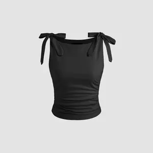 Cider [4 colors, size 0-26] Jersey Scoop Neckline Solid Bowknot Ruched Crop Tank Top