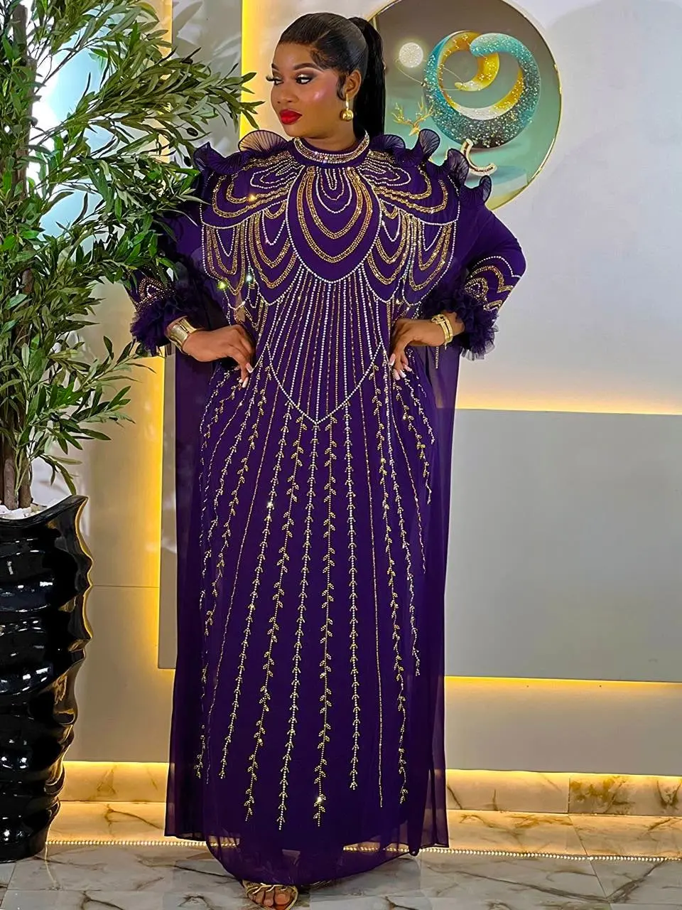 Sparkly Purple Rhinestone Ruffle Sleeve Kaftan African Bubu Gown for Wedding Engagement Naming Ceremony Birthday Party Dress