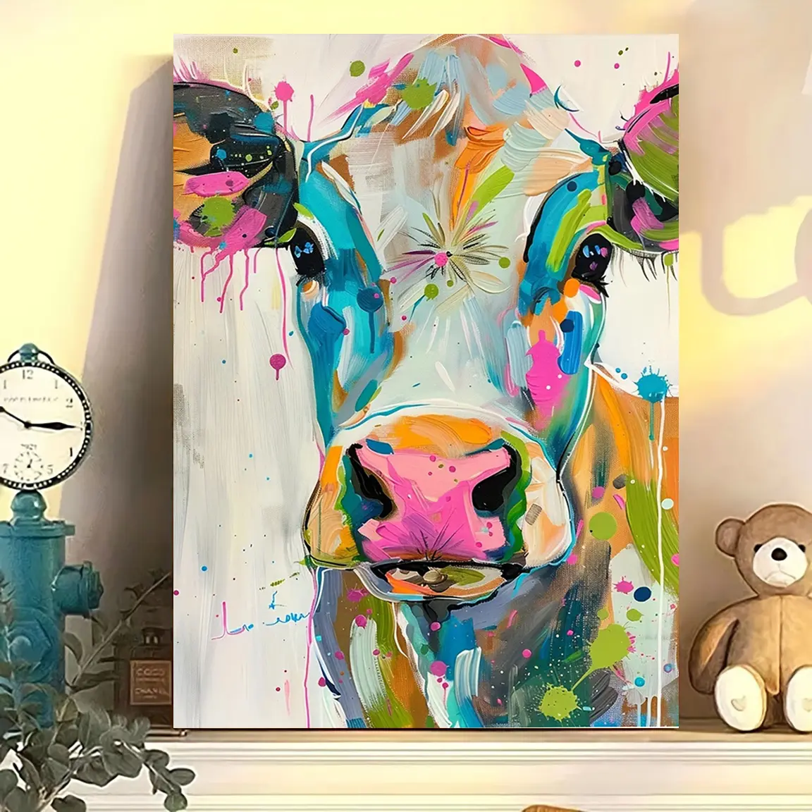 Colorful Cow Canvas Art Print Canvas, Vibrant Abstract Animal Wall Decor for Living Room, Bedroom, Kitchen, Office, Café - Frame High-Quality Decorative, Creative Design - 16x24 inches-Wrapped Canvas